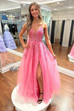 A Line V Neck Hot Pink Lace Long Prom Dresses with High Slit TP1302