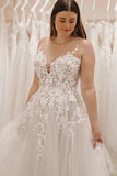 A Line V Neck Tulle Fairy Long Wedding Dress with Appliques TD0022-Tirdress