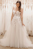 A Line V Neck Tulle Fairy Long Wedding Dress with Appliques TD0022