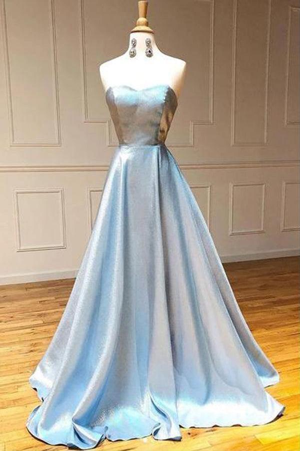 A Line Simple Light Blue Satin Strapless Long Prom Dress TP0931-Tirdress