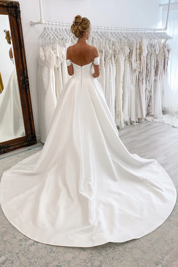 Ball Gown Off the Shoulder Satin Simple Wedding Dress Bridal Gown TN365-Tirdress
