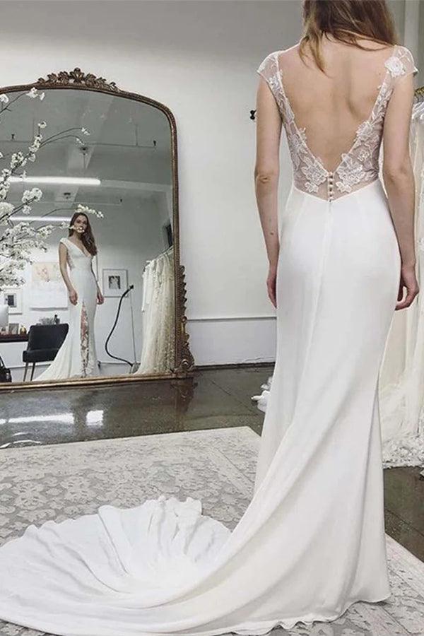 Beach Wedding Dress Cap Sleeves Appliques Backless Bridal Dress TN199 US0 / White Beach Wedding Dress Cap Sleeves Appliques Backless Bridal Dress TN199 US0 / White