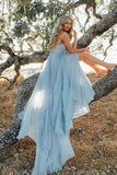 Strandhochzeitskleid, geteilt, himmelblau, rustikale Brautkleider mit Hofschleppe TN336