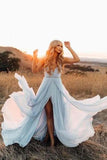 Beach Wedding Gown Split Sky Blue Rustic Wedding Dresses With Court Train TN336 - Tirdress