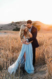 Beach Wedding Gown Split Sky Blue Rustic Wedding Dresses With Court Train TN336 - Tirdress