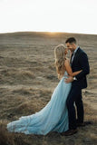 Beach Wedding Gown Split Sky Blue Rustic Wedding Dresses With Court Train TN336 - Tirdress