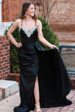 Black Rhinestone V-Neck Long Formal Dress with Attached Train TP1262