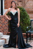 Black Rhinestone V-Neck Long Formal Dress with Attached Train TP1262-Tirdress