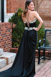 Black Rhinestone V-Neck Long Formal Dress with Attached Train TP1262-Tirdress