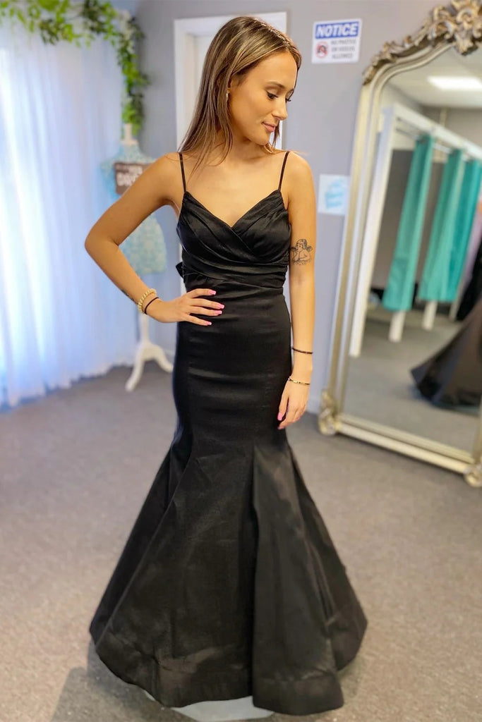 Black Surplice Pleated Straps Long Prom Dress Evening Dress with Bow TP1225-Tirdress