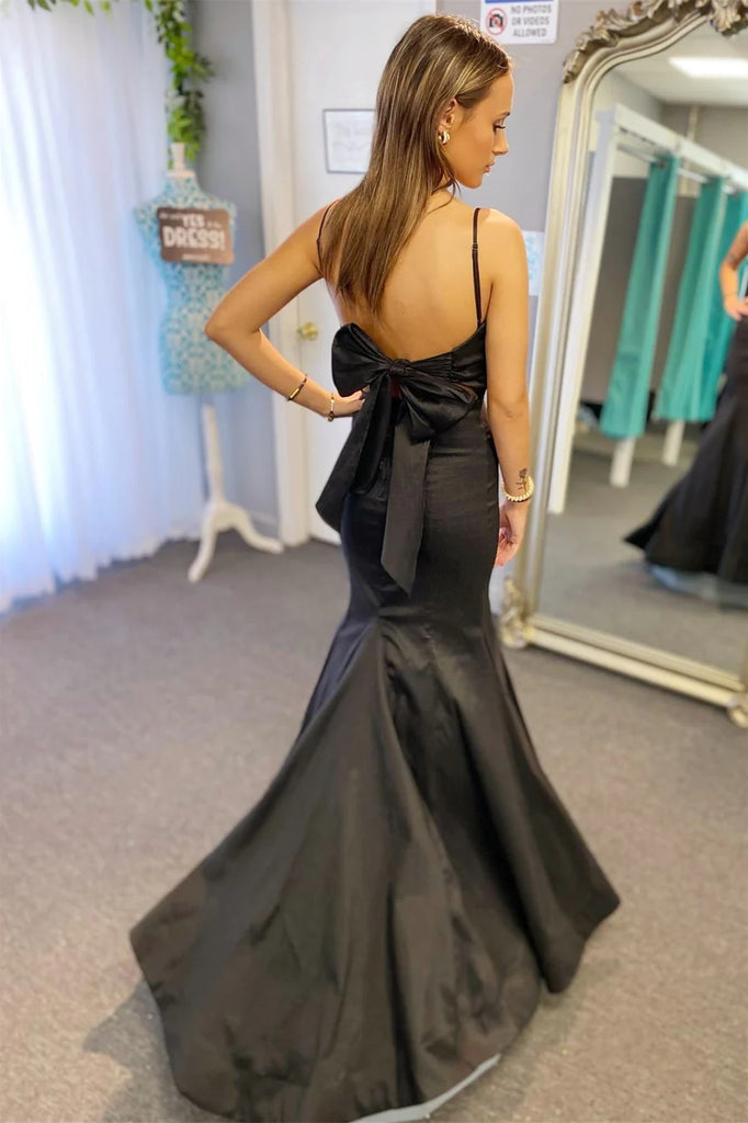 Black Surplice Pleated Straps Long Prom Dress Evening Dress with Bow TP1225-Tirdress