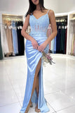 Blaues V-Ausschnitt-Spitzen-Satin-Meerjungfrau-langes Ballkleid Abendkleider TP1301