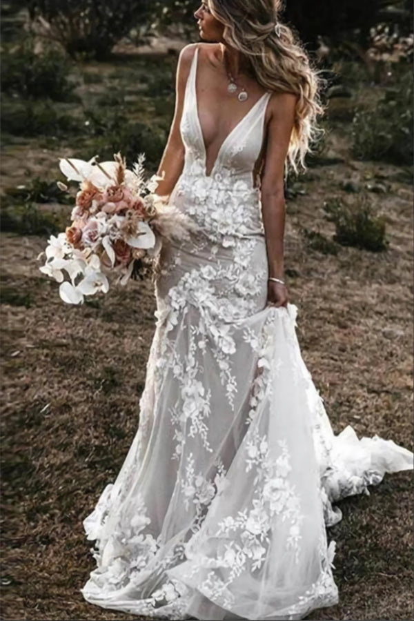 Bohemian Mermaid Lace V-neck Satin Spaghetti Garden Wedding Dress
