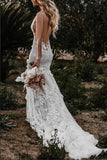 Bohemian Mermaid Wedding Dress Flower Appliques Deep V Neck Bridal Gown TN354