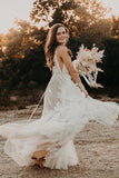 Bohemian Wedding Dress A-line V-Neck Lace Beach Bridal Gown-Tirdress