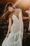 Bohemian Wedding Dress A-line V-Neck Lace Beach Bridal Gown-Tirdress