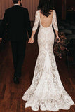 Boho Lace V Neck Long Sleeve Mermaid Rustic Wedding Dresses TN368-Tirdress