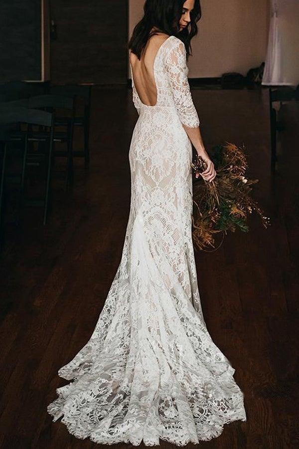 Boho Lace V Neck Long Sleeve Mermaid Rustic Wedding Dresses TN368-Tirdress