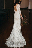 Boho Lace V Neck Long Sleeve Mermaid Rustic Wedding Dresses TN368-Tirdress