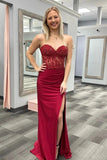 Burgundy Strapless Mermaid Appliques Long Prom Dress with Slit TP1251
