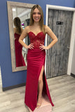 Burgundy Strapless Mermaid Appliques Long Prom Dress with Slit TP1251-Tirdress