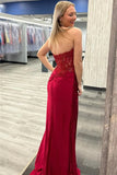 Burgundy Strapless Mermaid Appliques Long Prom Dress with Slit TP1251-Tirdress