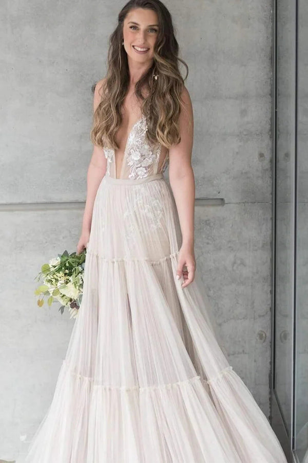 Charming A-Line Tulle Embroidery Appliques V-neck Bohemian Wedding Dress TN242-Tirdress