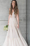 Charming A-Line Tulle Embroidery Appliques V-neck Bohemian Wedding Dress TN242