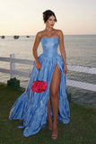 Charming A Line Strapless Blue Satin Long Prom Dress with Split-Tirdress