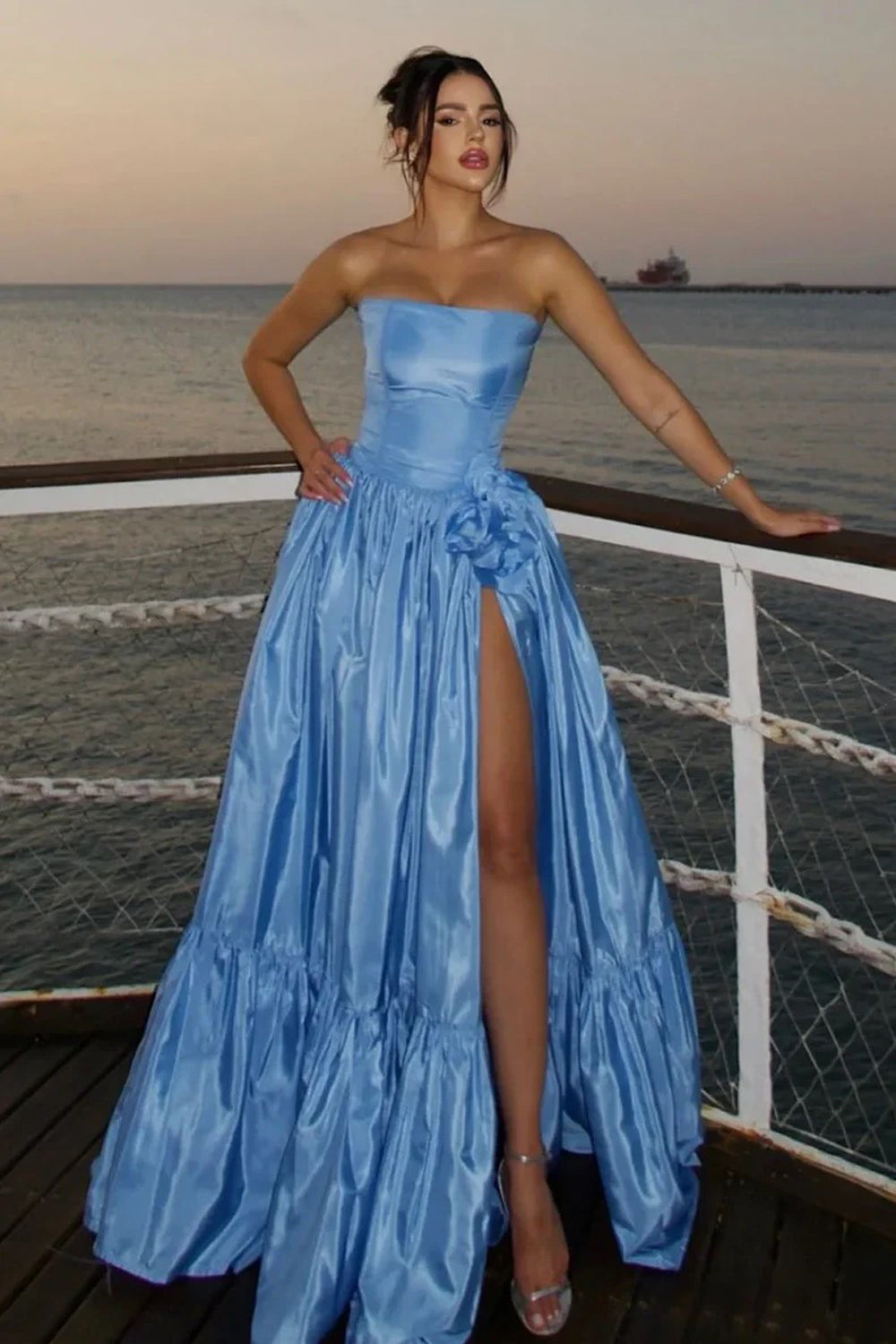 blue silk dress with split Blue A-Line Satin Backless Split Long Prom Dress with Sweep Train Promnova