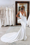 Charming Mermaid V Neck Satin Modest Long Wedding Dress TD0027-Tirdress