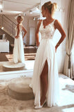 Charming Spaghetti straps Appliques Lace Split Beach Wedding Dress  TN341