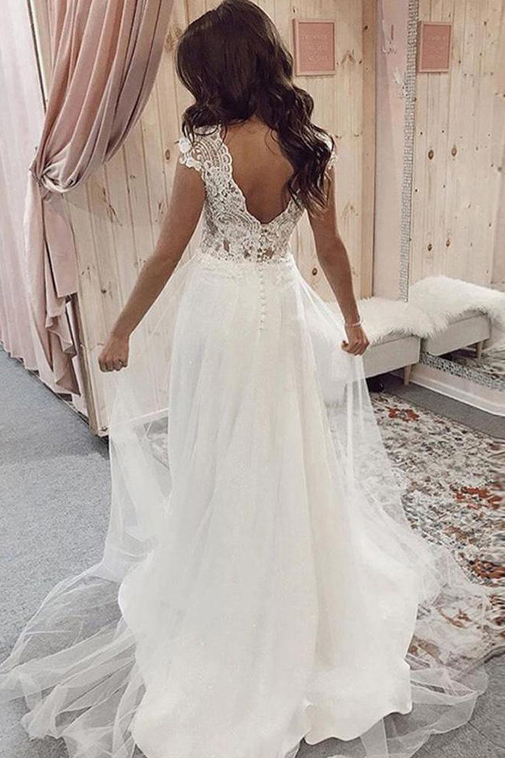 Charming A Line V Neck Cap Sleeves Tulle Wedding Dresses  TN264-Tirdress