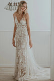 Chic Sheath Column V Neck Floral Lace Rustic Wedding Dress Bridal Gown TN372
