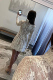 Chic White Lace Long Sleeve Sheer Homecoming Dress Party Dress-Tirdress