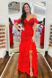 Cold Sleeves Lace Mermaid Ruffle Yellow Long Prom Dress TP1401-Tirdress