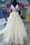Cream Tulle Appliques Spaghetti Strap A-Line Long Prom Dress TP1255-Tirdress