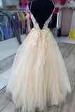 Cream Tulle Appliques Spaghetti Strap A-Line Long Prom Dress TP1255-Tirdress