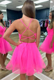 Criss Cross Back Hot Pink Straps A-Line Tulle Homecoming Dress HD0198-Tirdress