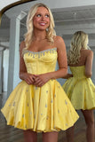 Cute A Line Satin Short Corset Yellow Homecoming Dress with Beading