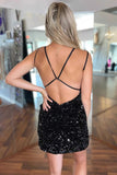 Cute Black V Neck Backless Sequins Short Homecoming Dresses HD0197-Tirdress