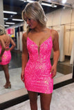 Cute Bodycon V Neck Sequins Hot Pink Short Homecoming Dress-Tirdress