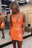 Cute Bodycon V Neck Sequins Hot Pink Short Homecoming Dress-Tirdress
