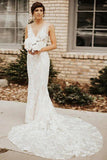 Deep V-neck Lace Wedding Dress Mermaid Bridal Gown TD0008-Tirdress
