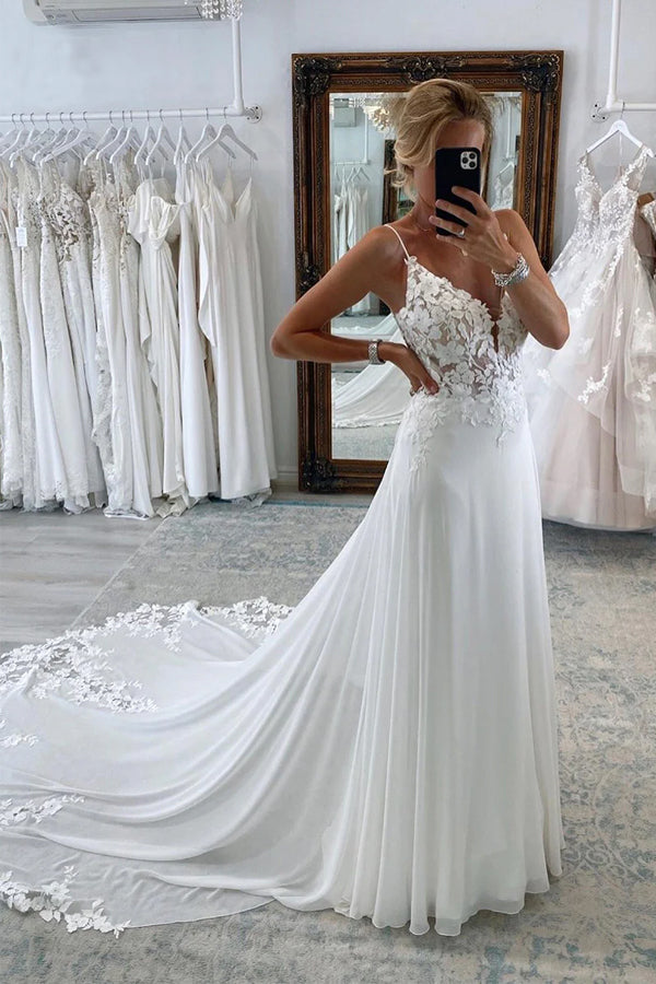 A line spaghetti deals strap lace wedding dress