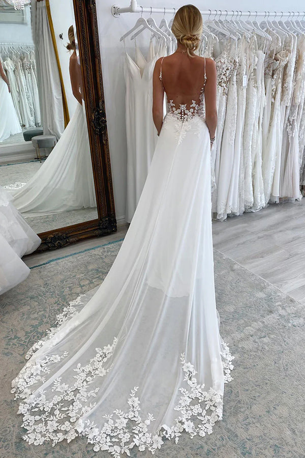 Elegant A-Line Spaghetti Straps V-Neck Lace Appliques Wedding Dress TN361