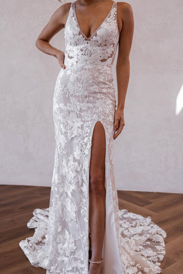 Elegant Mermaid V Neck Lace Boho Wedding Dresses with Slit TN386-Tirdress