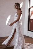 Elegant Mermaid V Neck Lace Boho Wedding Dresses with Slit TN386-Tirdress