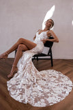 Elegant Mermaid V Neck Lace Boho Wedding Dresses with Slit TN386-Tirdress