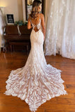 Elegant Mermaid V Neck Lace Wedding Dresses with Appliques TN389-Tirdress